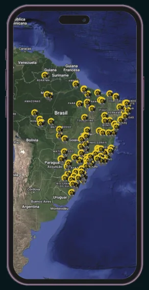 Mapa Ancap aberto no celular, com pontos de membros pelo Brasil
